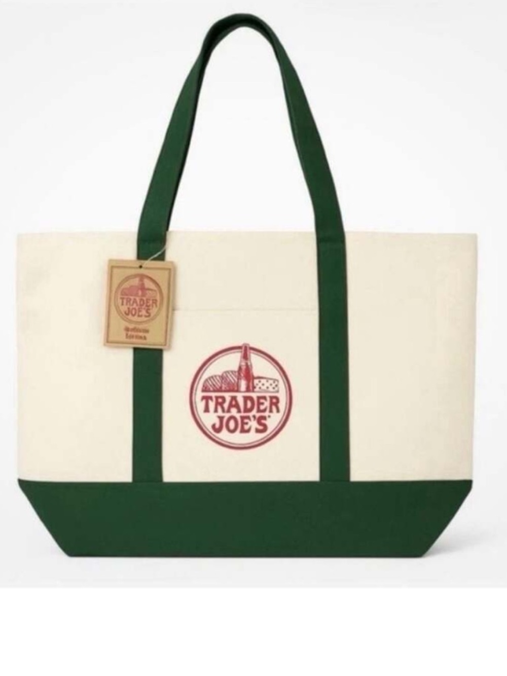 Trader Joe's Canvas Large Tote Bag in Cream and Forest Green